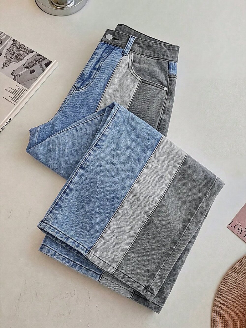 Multicolor Casual Women's Colorblock Patchwork Wide Leg Jeans